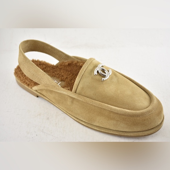 Chanel Dark Beige Suede Shearling CC Moccasin Ballet Slingback Loafer Flat 41 - Picture 5 of 16